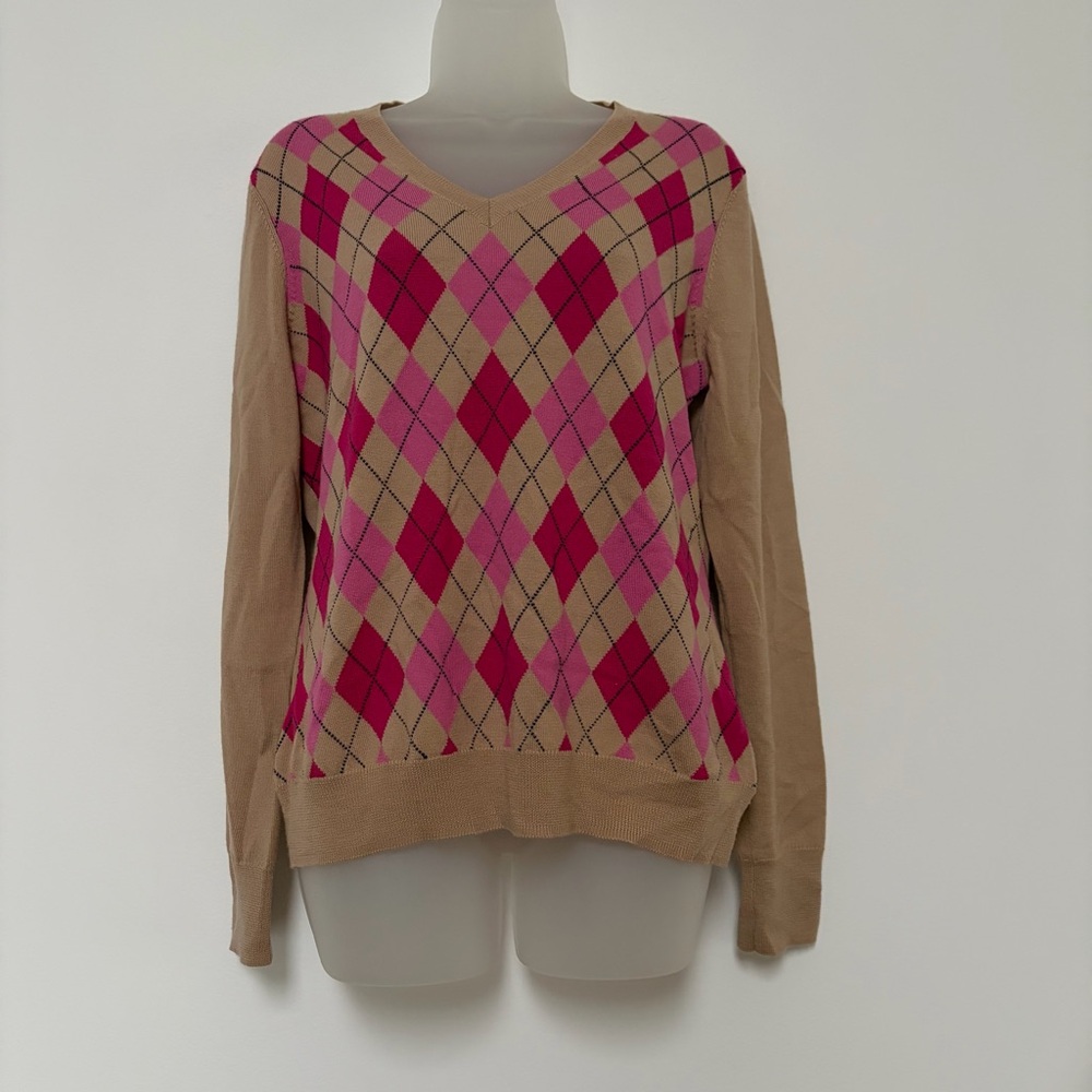 Brooks Brothers Merino Wool Argyle Vneck Sweater Large Beige Pink